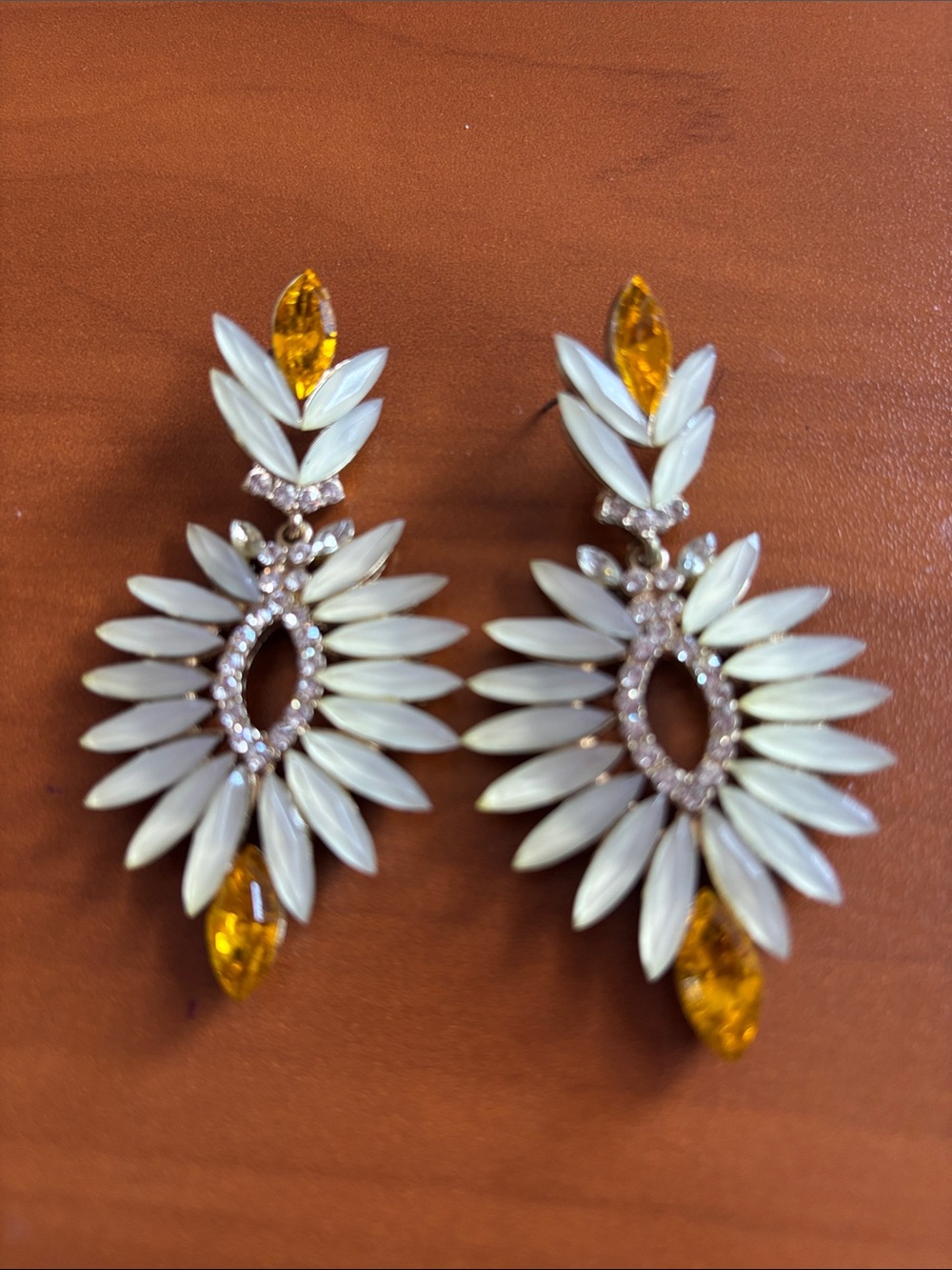 White and yellow Floral Crystal Drop Earrings - Unbranded
